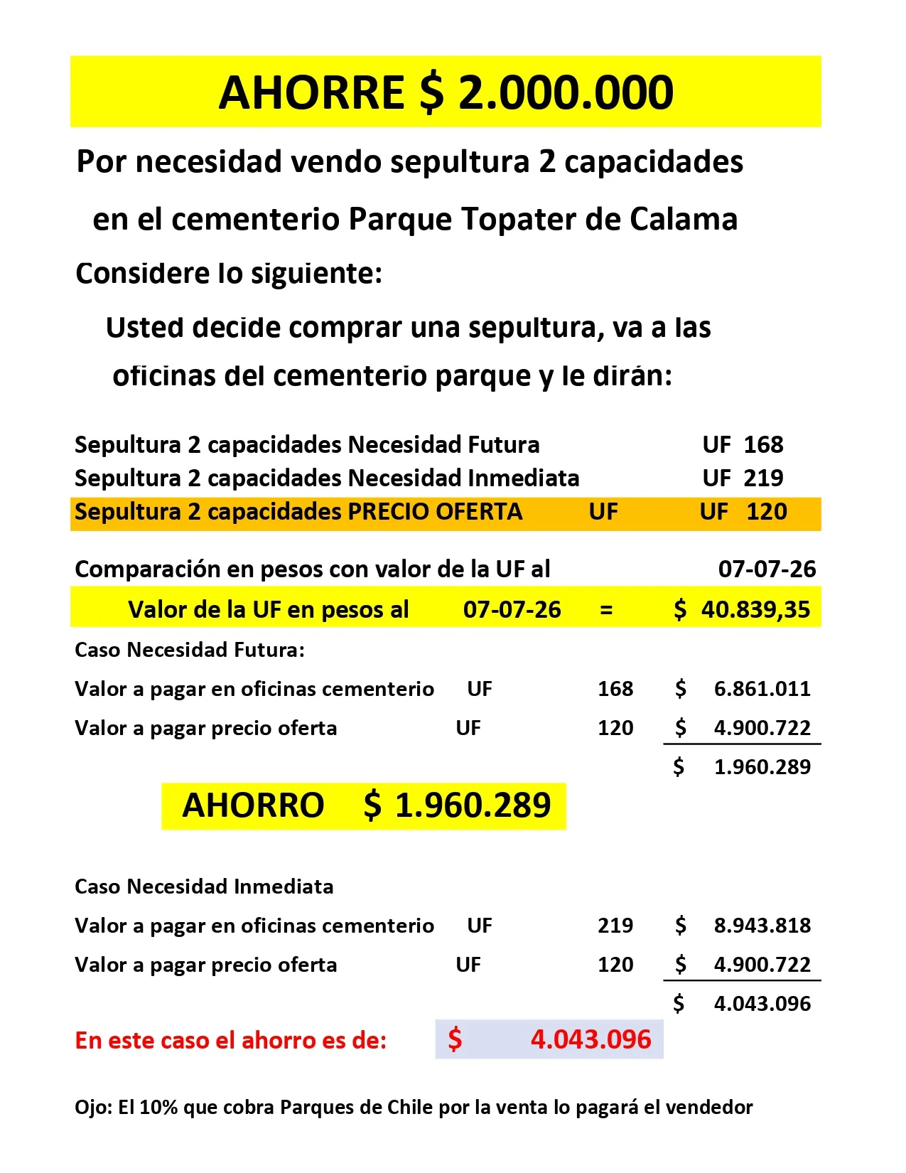 Oferta de tumba en Cementerio Calama