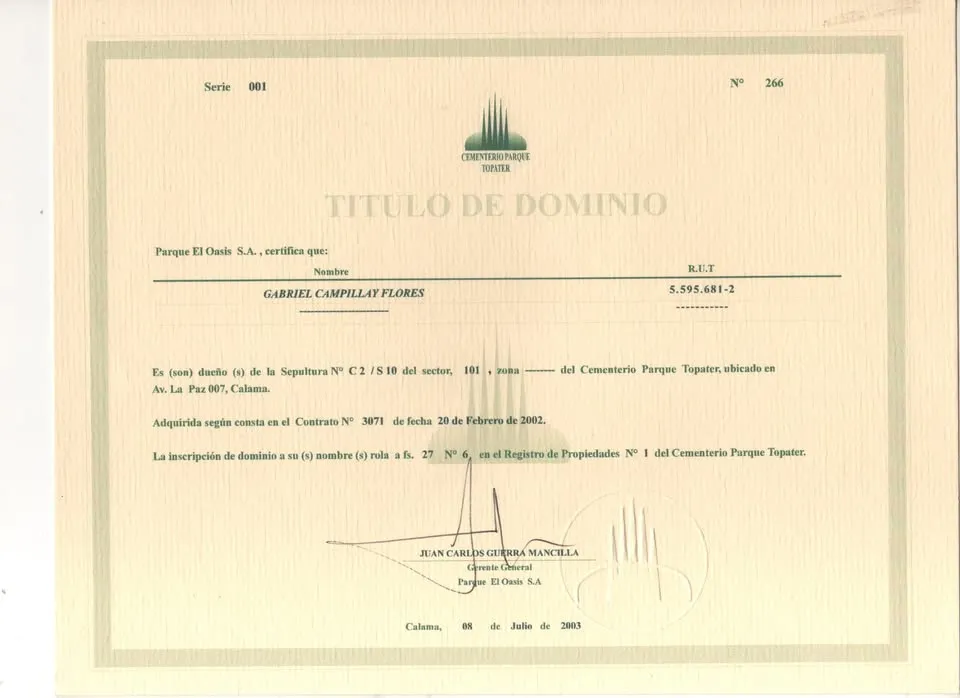 Sepultura familiar en venta directa Calama